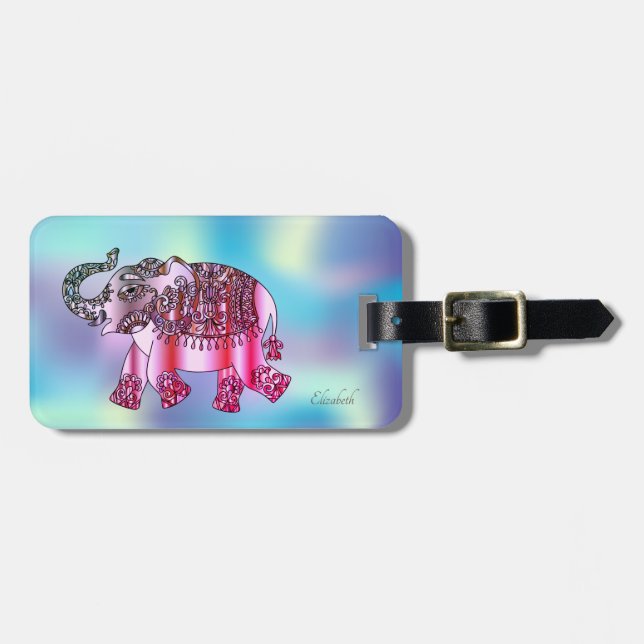 Etiqueta De Bagagem Elegante Paisley Elephant,Holographic (Frente Horizontal)
