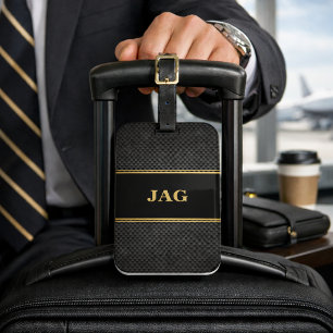 Etiqueta De Bagagem Elegante Preto Carbono e Dourado Monogramado