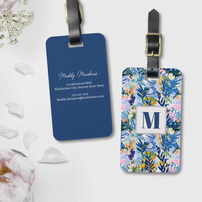 Etiqueta De Bagagem Elegante Real Abstrato Botânico Monograma (Monogrammed abstract floral luggage tag)