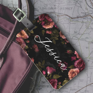 Etiqueta De Bagagem Elegante Rosa Burgundy Botânico Floral