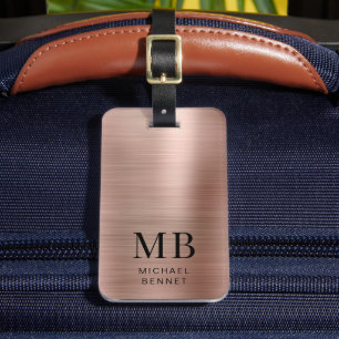 Etiqueta De Bagagem Elegante Rosa Dourado com metal escovado monograma