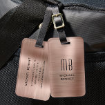 Etiqueta De Bagagem Elegante Rosa Dourado com metal escovado monograma<br><div class="desc">Etiqueta de Bagagem Monograma de Rosa Dourada Elegante,  Brugada De Metal Monograma</div>