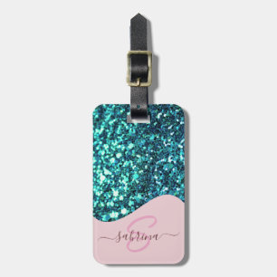 Etiqueta De Bagagem Elegante Teal Green Drip Glitter Nome Monograma