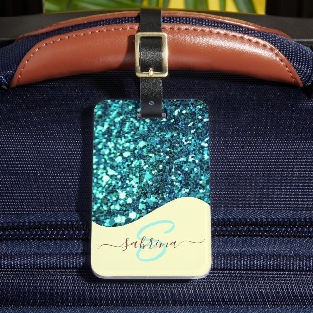 Etiqueta De Bagagem Elegante Teal Green Drip Glitter Nome Monograma (Frente Insitu 2)