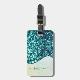 Etiqueta De Bagagem Elegante Teal Green Drip Glitter Nome Monograma