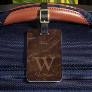 Etiqueta De Bagagem Elegante Textura de Couro Marrom Escuro Monogramad