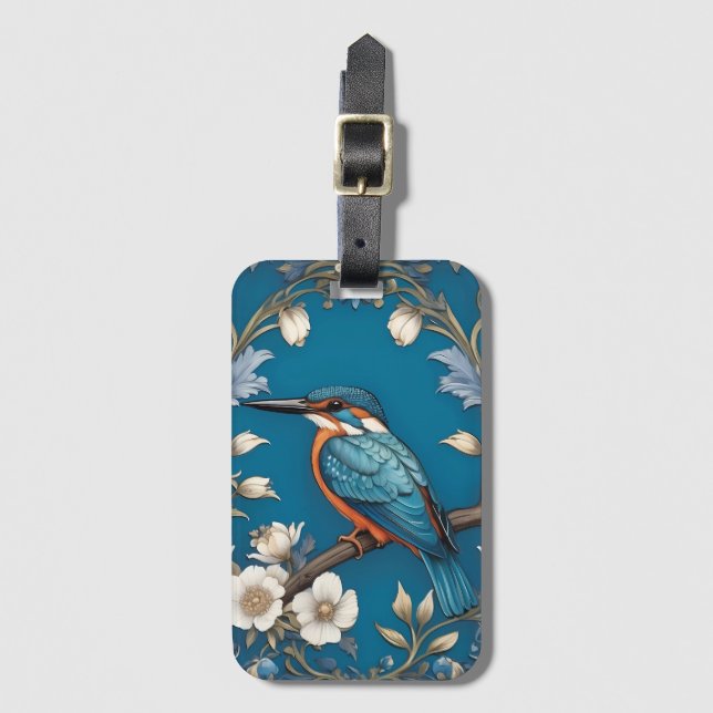 Etiqueta De Bagagem Elegante Turquoise Kingfisher Floral (Frente Vertical)