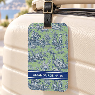 Etiqueta De Bagagem Elegante verde azul toile de jouy vintage