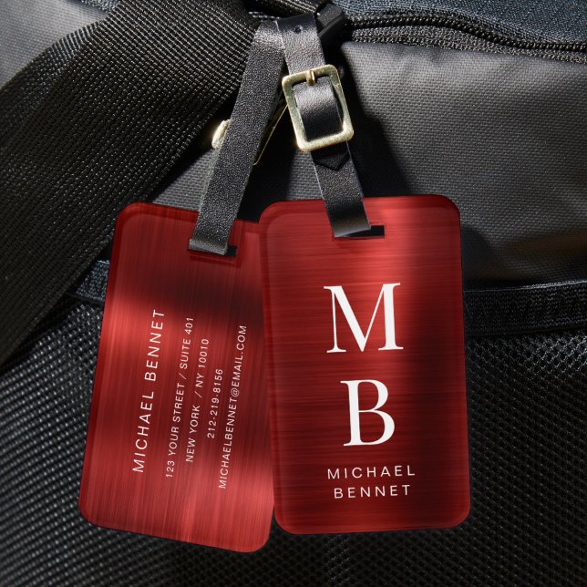 Etiqueta De Bagagem Elegante Vermelho Monogramado (Elegant Monogrammed Red Luggage Tag)