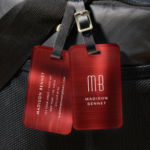 Etiqueta De Bagagem Elegante Vermelho Monogramado em Metal Brushed