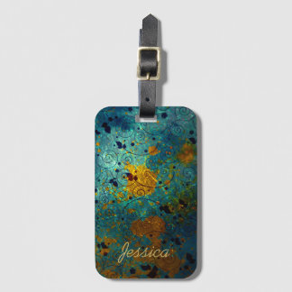 Etiqueta De Bagagem Elegante Vinha Abstrata Azul e Dourada Personaliza