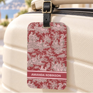 Etiqueta De Bagagem Elegante vintage toile de jouy vermelho rosa