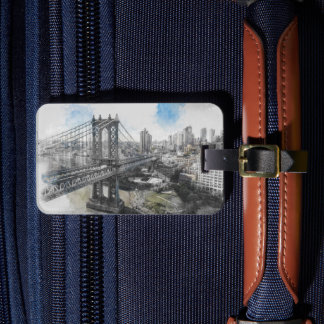 Etiqueta De Bagagem Elegante Watercolor Brooklyn Bridge NYC