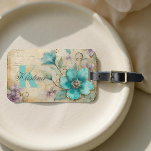 Etiqueta De Bagagem Elegante Watercolor Teal Bloom com Ouros