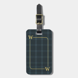 Etiqueta De Bagagem Elegante Xadrez Preto Dourado com Monograma