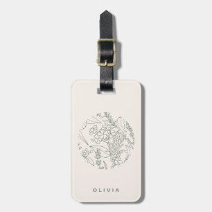 Etiqueta De Bagagem Elegantes Flores e Ervas em Verde Sage Ecru Modern