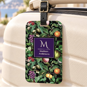 Etiqueta De Bagagem Elegantes frutas tropicais padrão preto monograma