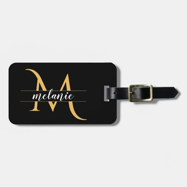 Etiqueta De Bagagem Endereço Personalizado Preto Dourado do Monograma  (Frente Horizontal)
