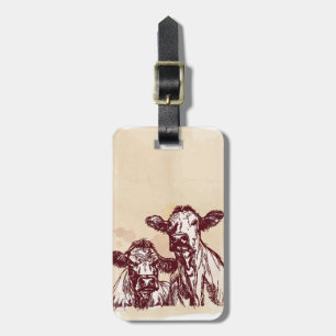Etiqueta De Bagagem Esboço do desenhar da mão de duas vacas & vintag