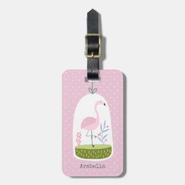Etiqueta De Bagagem Escola Personalizada Flamingo, Bolinhas Rosa bonit (Frente Vertical)
