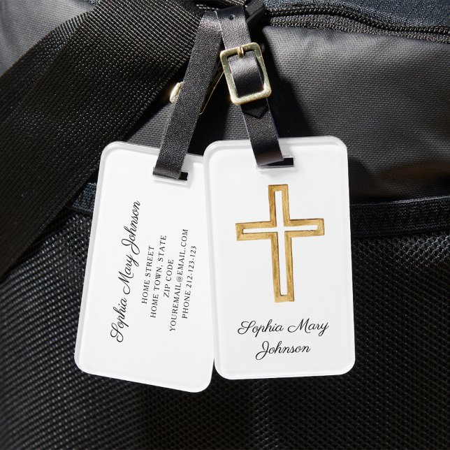 Etiqueta De Bagagem Escrito Branco Elegante da Cruz Religiosa (Elegant Religious Cross White Script Luggage Tag)