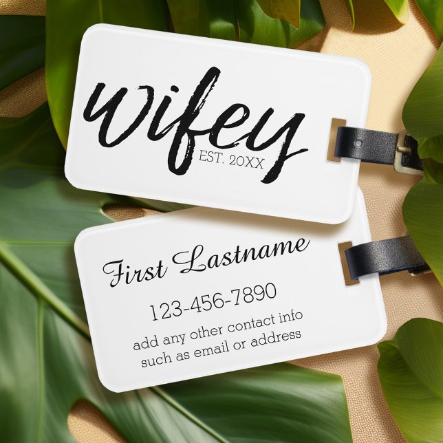 Etiqueta De Bagagem Esposa - Caligrafia Preta Caprichosa para a Noiva (Personalized luggage tag - Wifey and Hubby Both Available)