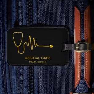 Etiqueta De Bagagem Estetoscópio ECG Onda EKG Linha Médica Ouro Luxo