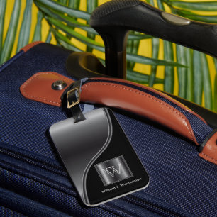 Etiqueta De Bagagem Estilo Monograma Masculino Estilo Negro Faux Aço