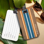 Etiqueta De Bagagem Estrias De Superfície Vintage - Fundo De Madeira S<br><div class="desc">Um design de faixa colorida, retrô, em azul e laranja sobre um fundo de impressão de madeira falsa. Um design de banda de surfboard vintage com um olhar de praia e surf. Adicione o seu nome ou monograma para fazer desta uma capa de telefone pessoal que se destacará entre os...</div>