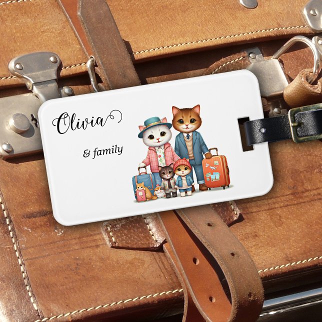 Etiqueta De Bagagem Família de Gatos Cujos (Luggage tag featuring a colorful illustration of a cat family embarking on a travel adventure)