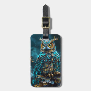 Etiqueta De Bagagem Fantasy Cute Brass Turquoise Owl