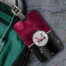 Etiqueta De Bagagem Faux Chic Silver Glitter Burgundy Monograma preto