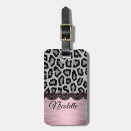 Etiqueta De Bagagem Faux Leopardo e rendas com pincel rosa personaliza