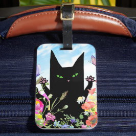 Etiqueta De Bagagem Febre de Primavera do Gato Preto: Gatinho e Flores