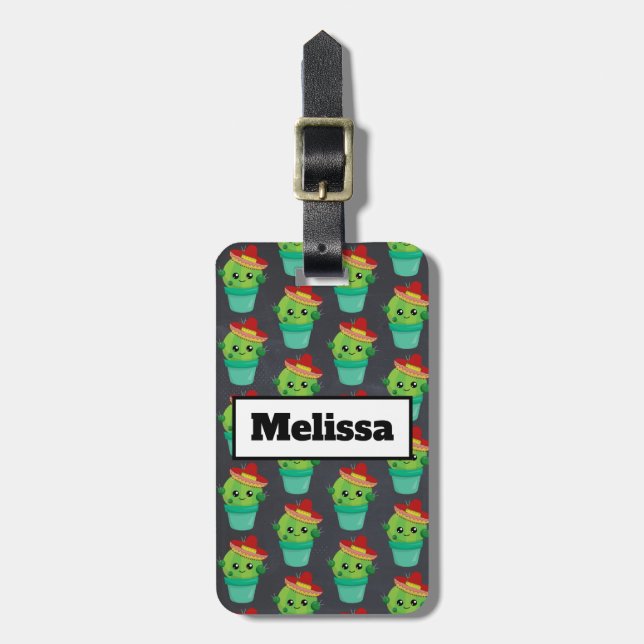 Etiqueta De Bagagem Feliz Cactus Verde num Padrão Sombrero Vermelho (Frente Vertical)