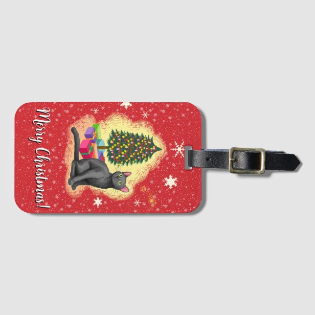 Etiqueta De Bagagem Feliz Natal Cat (Frente Horizontal)