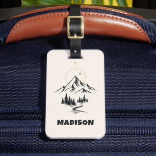 Etiqueta De Bagagem Férias na Montanha Árvores Pretas Bege Personaliza