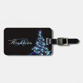 Etiqueta De Bagagem Festa de Natal Árvore Azul Brilhante Preto Elegant