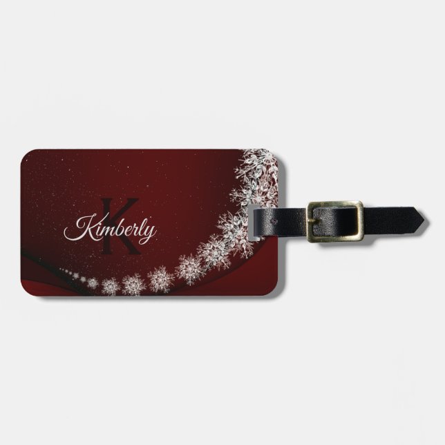 Etiqueta De Bagagem Festa de Natal Crystal Snowflakes Red Rustic (Frente Horizontal)