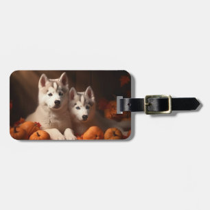 Etiqueta De Bagagem Filhote de Husky Siberiano Delícia de Outono Abóbo
