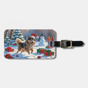 Etiqueta De Bagagem Finnish Lapphund Correndo na Neve com Chapéu de Na