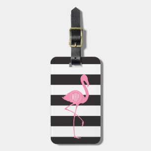 Etiqueta De Bagagem Flamingo cor-de-rosa Monogrammed + Preto + Listras