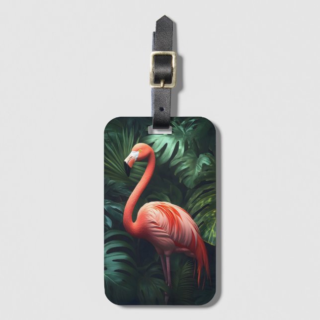 Etiqueta De Bagagem Flamingo e Folhas da Selva (Frente Vertical)