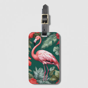 Etiqueta De Bagagem Flamingo Hibiscus Flores Emerald Green