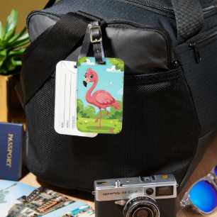 Etiqueta De Bagagem Flamingo rosa brilhante fofo no jardim