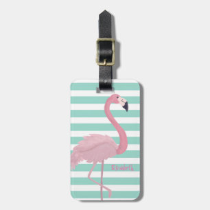 Etiqueta De Bagagem Flamingo Rosa de Menina em Listras Brancas e Verde