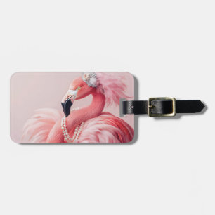 Etiqueta De Bagagem Flamingo Rosa Elegante com Pérolas e Penas