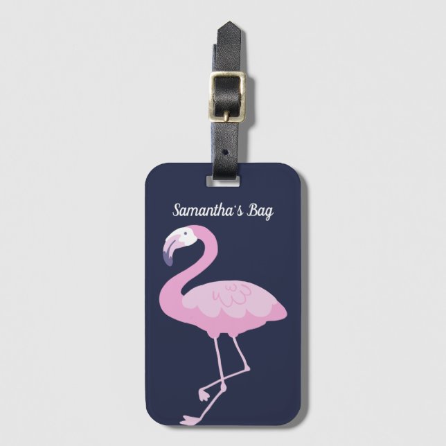 Etiqueta De Bagagem Flamingo Rosa em Azul Escuro com Nome (Frente Vertical)