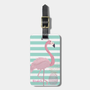 Etiqueta De Bagagem Flamingo Rosa Menina,Listras Brancas de Hortelã Ab