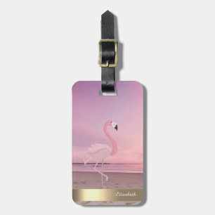 Etiqueta De Bagagem Flamingo Rosa Moderno Frio Pôr do Sol na Praia